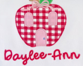 Kleinkind karierter Apfel gestickt zurück zu Schulhemd, Mädchen-Schule-Outfit, langärmige oder kurzärmlige Kleinkind-Mädchen-Apfel-Hemd