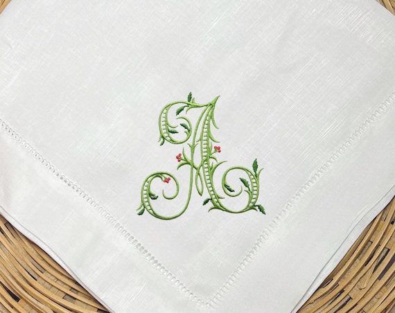 Personalized Embroidered Monogrammed Holly Berry Table Napkins, Classic Hemstitch Linen Napkins, Set of Dinner Party Napkins, 20 x 20