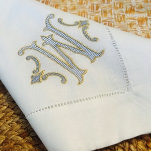 Embroidered Monogrammed Dinner Party Napkins, Custom Classic Hemstitch Dinner Napkins, Gold Linen Napkins for your Event, Table Linen Decor