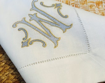 Embroidered Monogrammed Dinner Party Napkins, Custom Classic Hemstitch Dinner Napkins, Gold Linen Napkins for your Event, Table Linen Decor