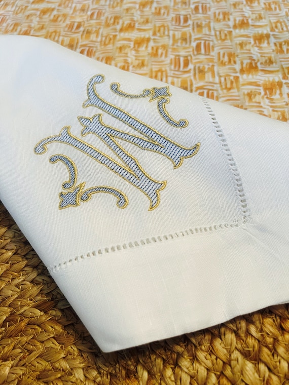 Embroidered Monogrammed Dinner Party Napkins, Custom Classic Hemstitch Dinner Napkins, Gold Linen Napkins for your Event, Table Linen Decor