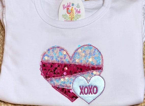 Sparkly Valentine’s Heart Appliqué Shirt | Embroidered Girls Valentine Outfit | Sequin XOXO Heart Kids Valentine Top