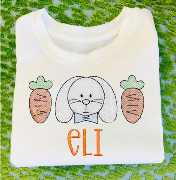 Embroidered Name Bunny with Carrots Shirt, Boys Rabbit Shirt, Long Sleeve, Short Sleeve, Bunny and Bowtie Shirt