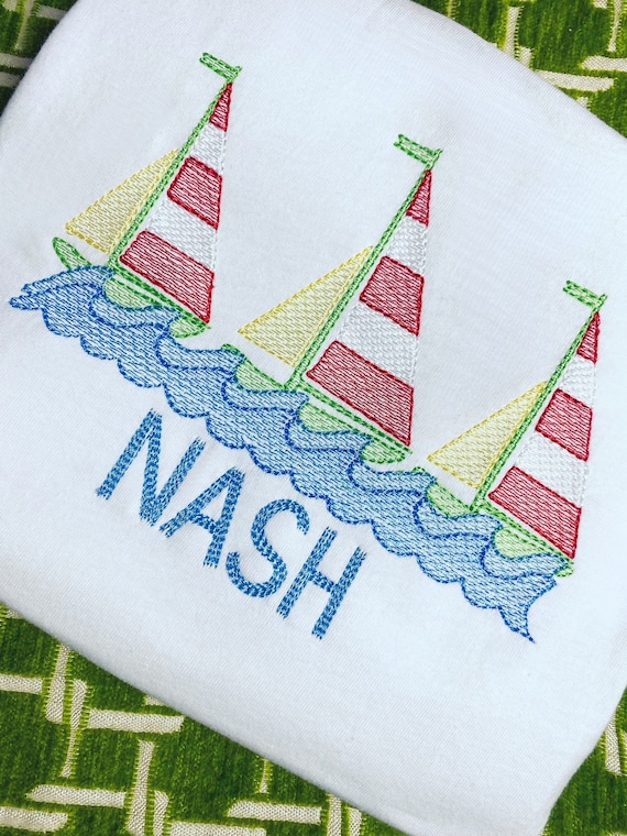 Embroidered Sailboats and Name Kids Shirt, Baby Summer Outfit, Toddler Summer Shirt, Boys and Girls Beach Top, Sizes 6 Months to 12 Youth