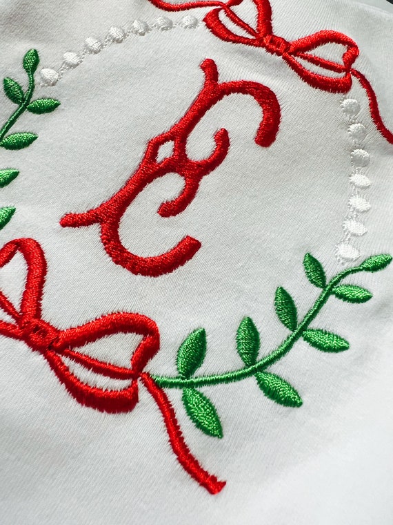 Embroidered Monogram Christmas Pearls and Bows Going Home Outfit, Layette Gown, Bloomers, Diaper, Baby Girl, Baby Shower Gift Set