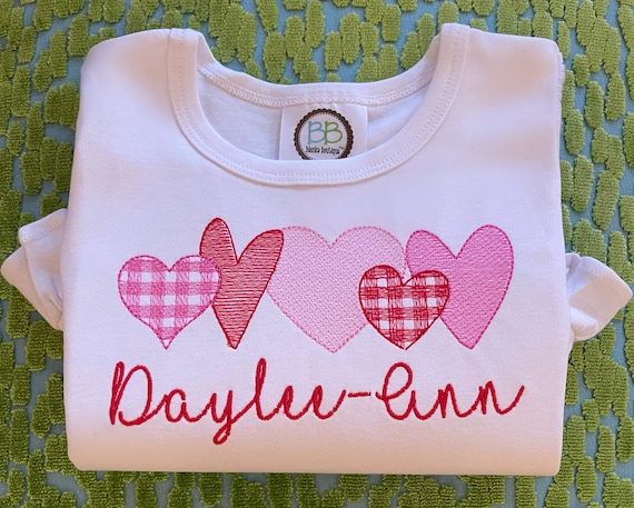 Gingham, Plaid Hearts, Valentines Day, Ruffle, Long Sleeve, Short Sleeve, Girls, Toddler, Baby, Embroidered, White Heart Shirt