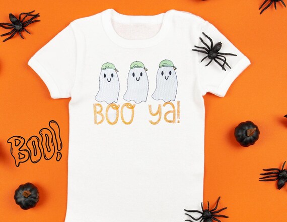 Embroidered Kids Boo ya! Ghost Shirt, Unisex Halloween Ghosts Embroidered Long Sleeve, Ghosts with Baseball Hats Shirt, Toddler Ghost Shirt