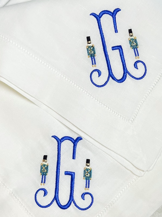 Embroidered G Nutcracker Dinner Napkins, Holiday Napkins, Classic Hemstitch Linen Napkins, Ready to Ship, Set of 4 Dinner Party Napkins