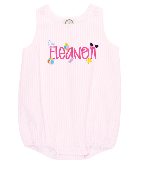 Pink Seersucker Bubble Romper, Baby and Toddler Pink Summertime Gingham Embroidered Bubble, Monogrammed Beach Bubble, Personalized Romper
