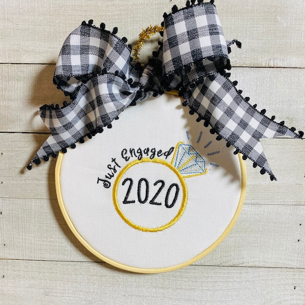 Embroidered Just Engaged Ornament, Engagement Christmas Ornament, Canvas Ornament, Christmas, Ornament, Couple's Engagement Gift