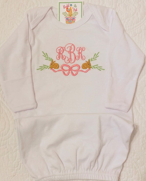 Personalized, Monogram, Name, Baby, Infant, Easter, Spring, Bunny, Gown, Layette, Bloomers, Going Home Outfit, Bubble Romper, Toddler, Gift