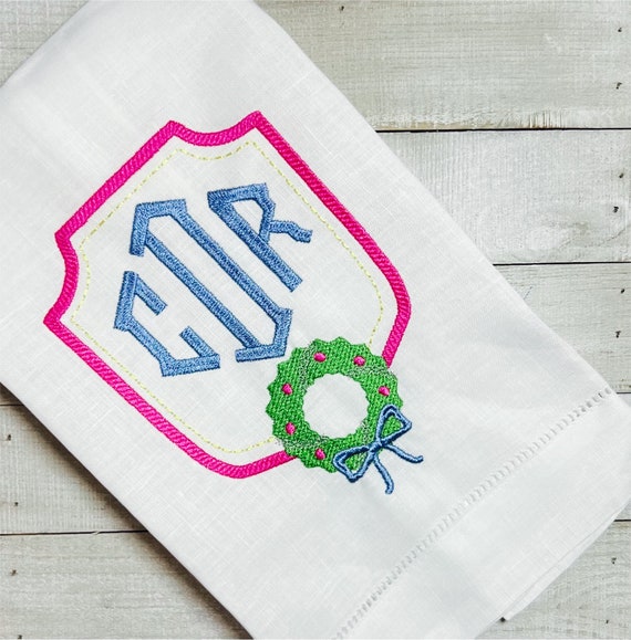 Embroidered Monogrammed Christmas Crest Wreath Guest Towel, Holiday Decor, Hand Towel Gift