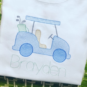 Gepersonaliseerd geborduurd golfkarshirt, lange mouw, korte mouw, ruche, effen, maten 6 maanden tot 12 jeugd, clubs, cadeau