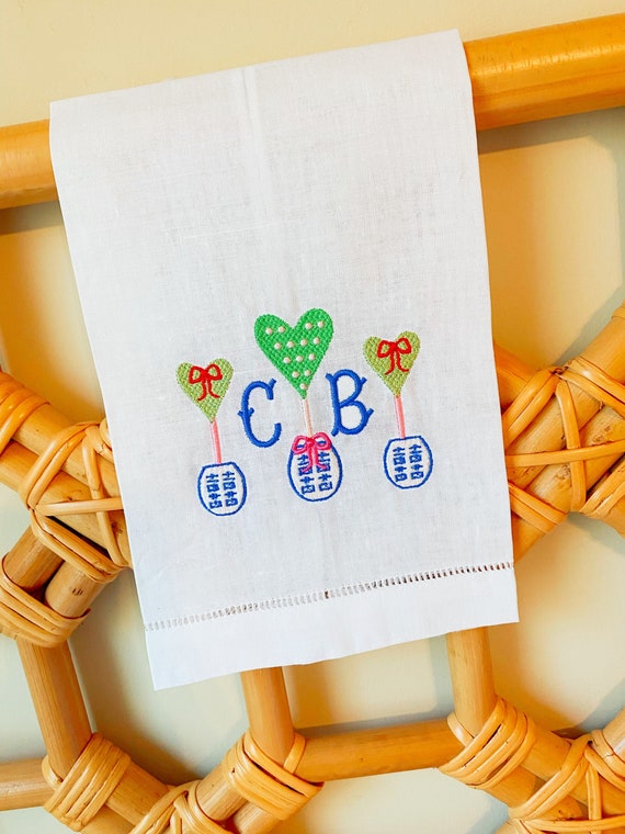 Valentines, Chinoiserie, Topiary, Monogramed Linen, Hemstitch Guest Towel
