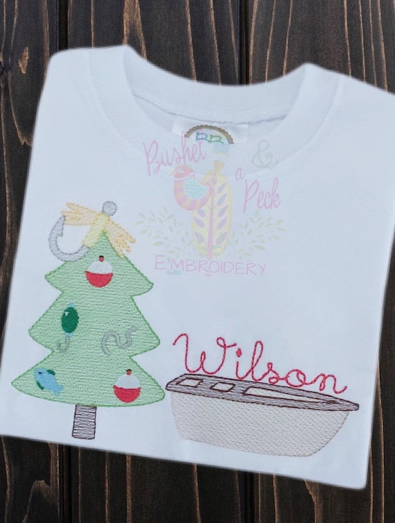 Personalized, Embroidered, Fishing, Boat Theme, Christmas, Tree, Unisex, Kids Shirt, Layette, Holiday,Gift