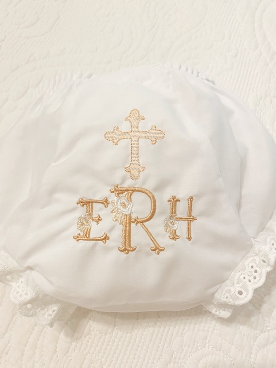 Embroidered Monogrammed Baptism Christening Cross Baby Bloomers Unisex, Burp Cloth Set, Cloth Bloomers, Diaper Cover Gift