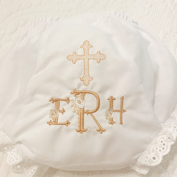 Embroidered Monogrammed Baptism Christening Cross Baby Bloomers Unisex, Burp Cloth Set, Cloth Bloomers, Diaper Cover Gift