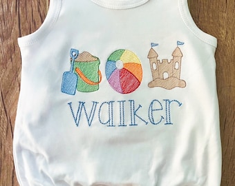 Embroidered Beach Unisex Bubble Sunsuit, Sand and Sandcastle Bubble/Shirt, Personalized Beach Kids Shirt, Beach Vacation Toddler Outfit