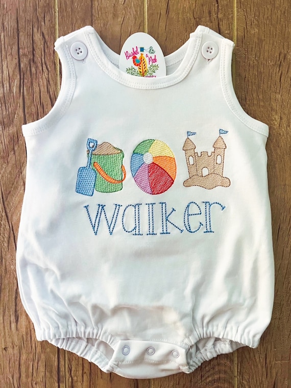 Embroidered Beach Unisex Bubble Sunsuit, Sand and Sandcastle Bubble/Shirt, Personalized Beach Kids Shirt, Beach Vacation Toddler Outfit