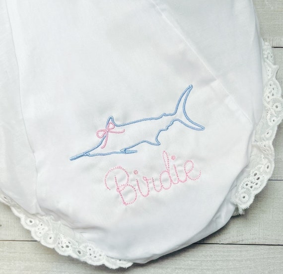 Embroidered Monogrammed Marlin Fish with Bow Baby Bloomers, Burp Cloth Set, Cloth Bloomers, Gift, Bow Bib, Embroidered Fish and Name Layette