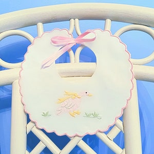 Embroidered, Pink, Yellow, Duck, Baby, Baptism, Birth, Christening, Heirloom, Scalloped Pink, Girl, Bib