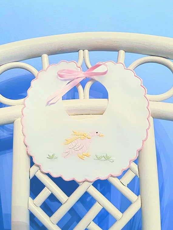 Embroidered, Pink, Yellow, Duck, Baby, Baptism, Birth, Christening, Heirloom, Scalloped Pink, Girl, Bib