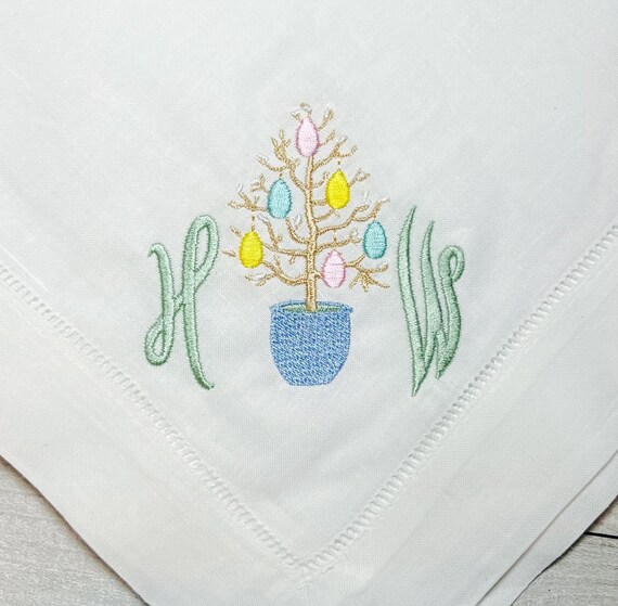 Embroidered Monogrammed Easter Egg Tree Napkins, Spring Table Napkins, Classic Hemstitch Linen Napkins, Set of Dinner Party Napkins, 20 x 20
