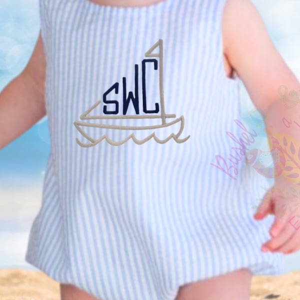 Unisex Blue Seersucker Bubble Romper, Baby and Toddler Blue Gingham Embroidered Bubble, Baby Monogrammed Sun Bubble, Personalized Romper