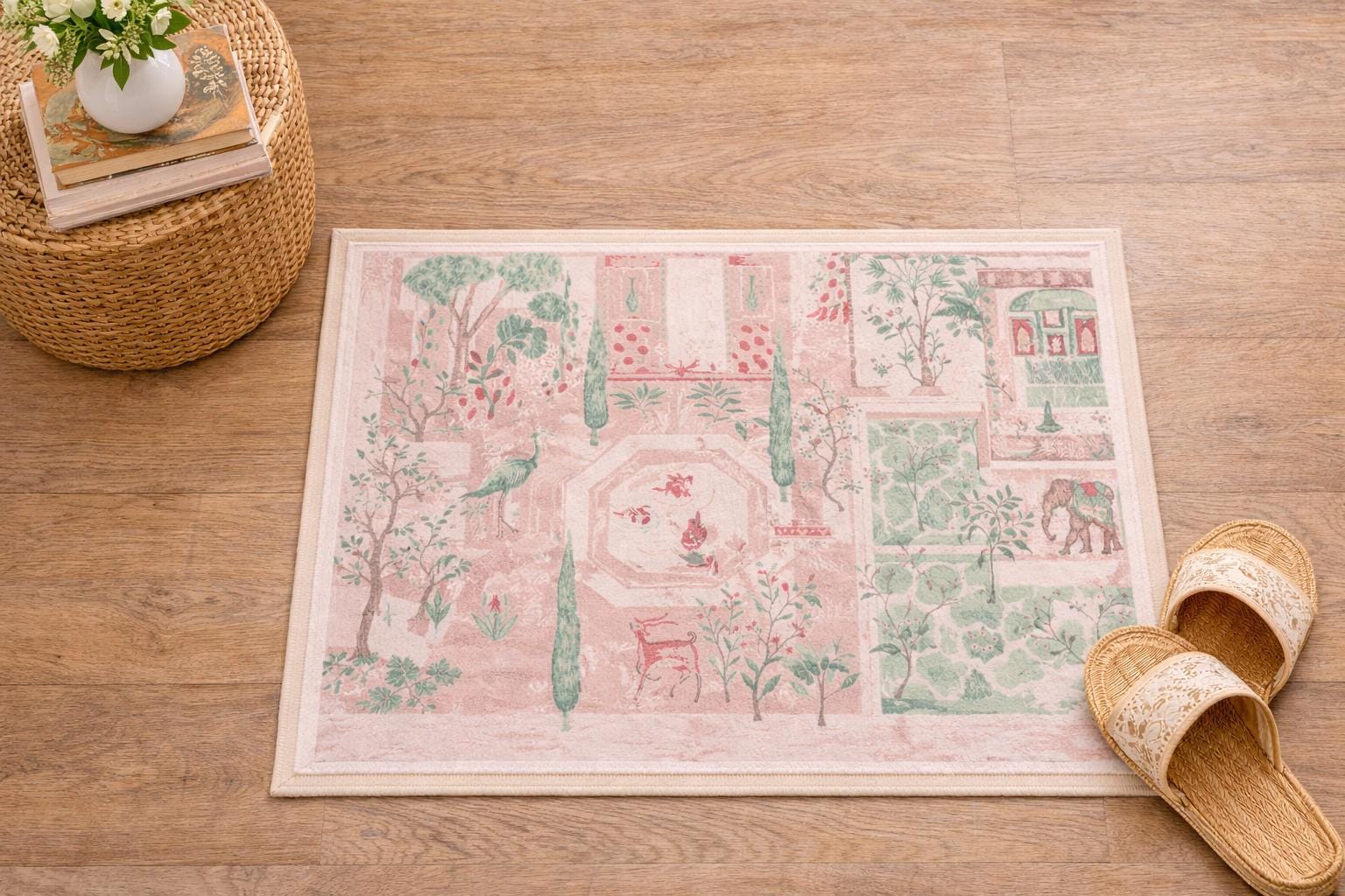 Light Pink Coastal Washable Area Rug, Palm Tree Garden Rug, Cottagecore ...