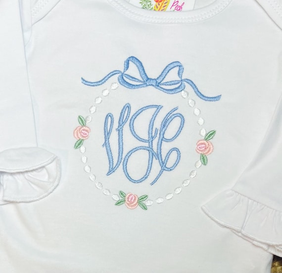 Embroidered Monogram Flowers and Bows Going Home Outfit, Newborn Baby Layette Gown, Bloomers, Bow Diaper Baby Girl Gift, Baby Shower Gift