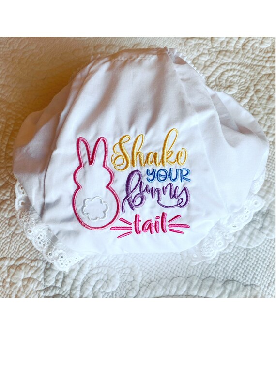 Shake Your Bunny Tail, Bloomers, Diaper Cover, Size 1-6, Easter, Spring, Baby Girl, Toddler, Gift, Eyelet Trim