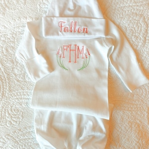 Personalized, Monogrammed Baby Hat and Gown, Going Home Gown, Newborn Layette