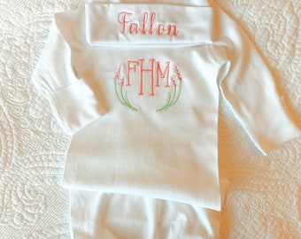 Personalized, Monogrammed Baby Hat and Gown, Going Home Gown, Newborn Layette