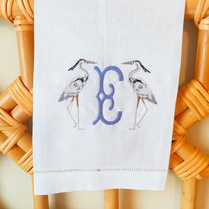 Personalized, Monogram, Embroidered, Egret, Beach, Linen Guest Towel, Wedding, Hostess, Tea Towel, Gift
