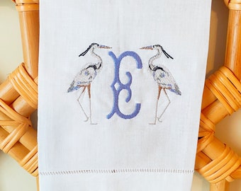 Personalized, Monogram, Embroidered, Egret, Beach, Linen Guest Towel, Wedding, Hostess, Tea Towel, Gift