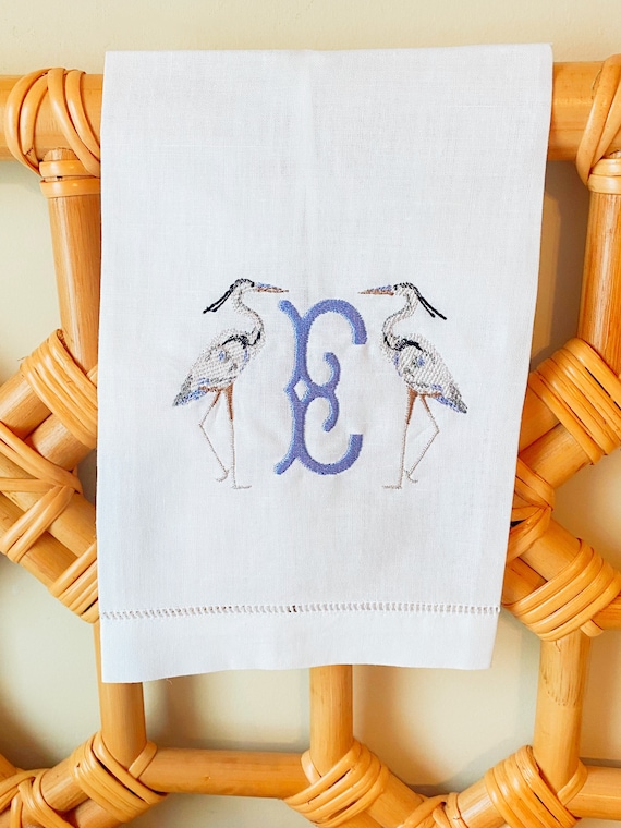 Personalized, Monogram, Embroidered, Egret, Beach, Linen Guest Towel, Wedding, Hostess, Tea Towel, Gift