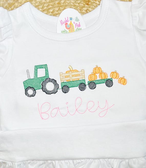 Tractor and Pumpkins Fall Shirt, Girls Fall Tractor Embroidered Long Sleeve, Pumpkin Farm Short Sleeve, Toddler Pumpkin Tractor Shirt, Farm