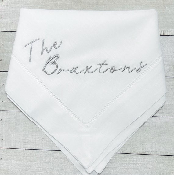 Embroidered Last Name Linen Dinner Napkins, Classic Hemstitch Dinner Party Napkins. Personalized Family Linens, Wedding Party Table Decor