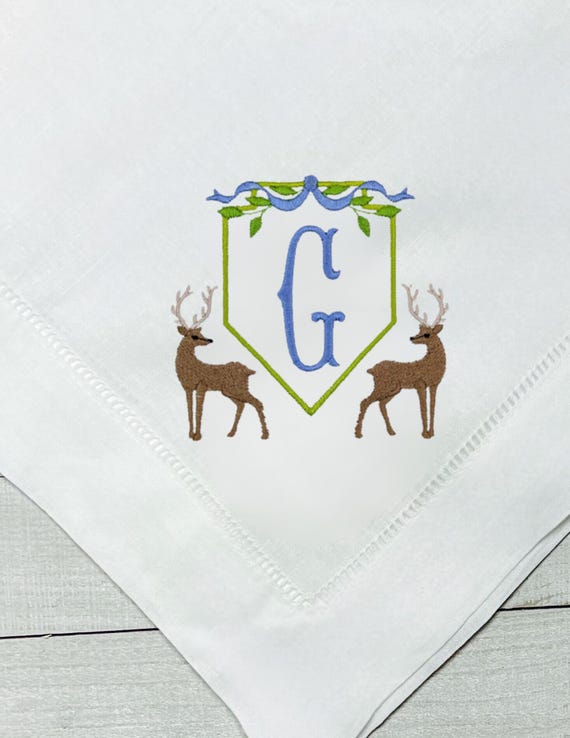 Embroidered Deer Crest Monogrammed Christmas Dinner Napkins, Holiday Deer and Bow Decor, Deer Table Linen, Deer Crest Dinner Napkin, Table