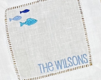 Embroidered Fish Cocktail Napkins, Beach/Lake Linen Cocktail Napkins, Housewarming Hostess Gift, Party Decor, Monogram Linen Cocktail Napkin