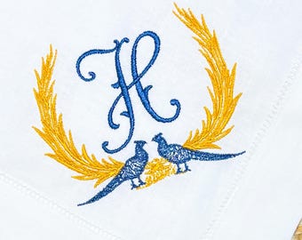 刺繍モノグラムフェザントディナーナプキン、鳥モノグラムナプキン、クラシックヘムステッチリネンナプキン、ディナーパーティーナプキンセット、20インチ