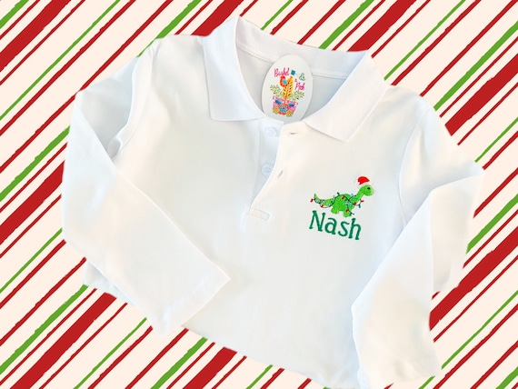 Embroidered Boys Christmas Dinosaur Polo, Boys Long Sleeve Polo, Toddlers Polo, Embroidered Boys Shirt, Boys Holiday Gift