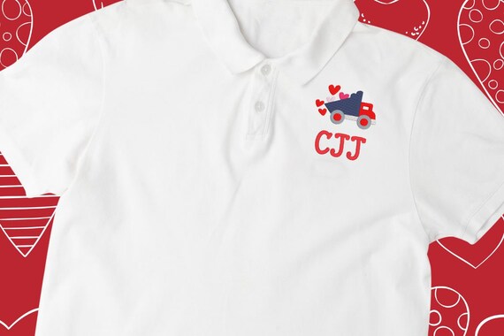 Dump Truck Valentines Day Polo, Construction Hearts Boys Long Sleeve Polo, Hearts and Truck Shirt, Monogrammed Truck and Hearts Polo Shirt