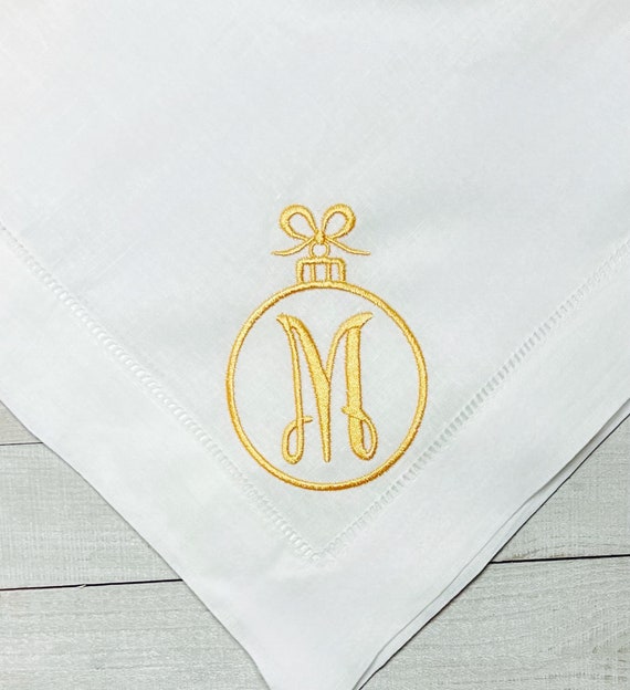 Embroidered Monogrammed Ornament Dinner Napkins, Holiday Napkins, Classic Hemstitch Linen Napkins, Set of Dinner Party Napkins, 20 x 20