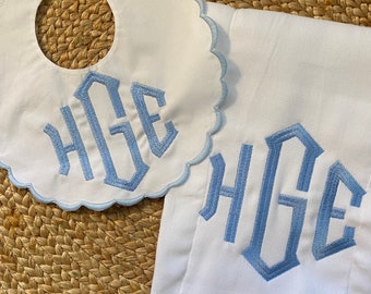 Embroidered, Personalized, Monogram, Scallop, Bib and Burp Cloth Set, Christmas, Baptism, Baby Shower Gift