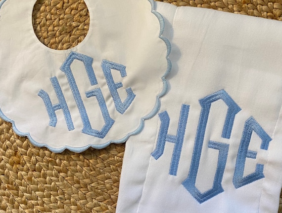Embroidered, Personalized, Monogram, Scallop, Bib and Burp Cloth Set, Christmas, Baptism, Baby Shower Gift