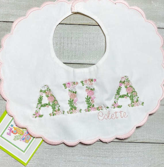 Personalized, Flowered Name, Embroidered, Monogram, Baby, Baptism, Birth, Heirloom, Scalloped, Pink, Blue, Lavender, Green, Girl, Bib