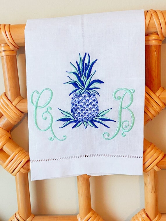 Personalized Embroidered Monogram Pineapple Tea Towel, Tropical Beach House Gift, Beach House Decor