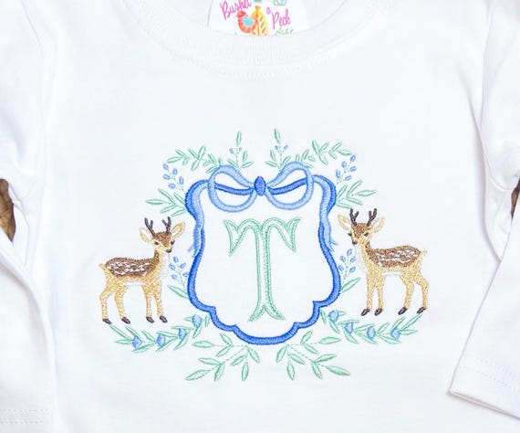 Baby Deer Gown Set, Embroidered Monogram Deer Going Home Outfit, Deer Layette Gown, Baby Girls Deer Bloomers, Deer Lovers Baby Shower Gift
