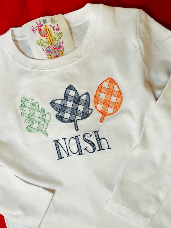 Embroidered Monogram Fall Leaves Shirt, Kids Fall shirt, Long Sleeve, Short Sleeve, Ruffle, Plain, Sizes 6 Months to 12 Y